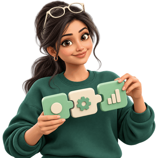 A delighted illustrated builder connecting mint workflow blocks